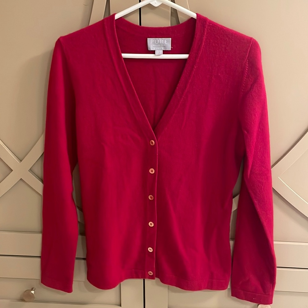 Pure collection red v neck 100% cashmere cardigan sweater size 6